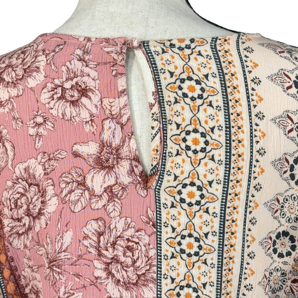 American Eagle Medium Boho Top Embroidered Tassel Long Sleeve Keyhole Pink Multi - Picture 6 of 11